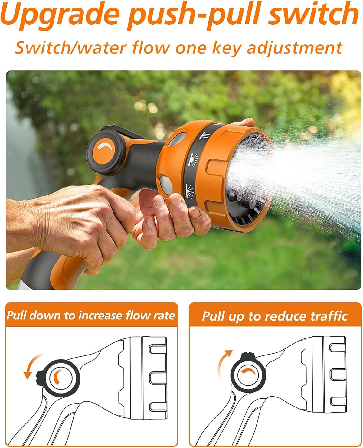 Garden Hose Nozzle, Heavy Duty Water Hose High Pressure Sprayer with 10 Watering Patterns, Thumb Control On Off Valve, for Watering outdoor Plants & Lawn, Car & Pet Washing-(Orange Red)