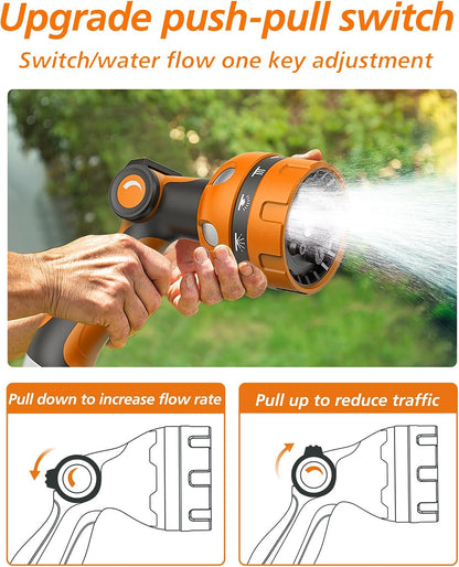 Garden Hose Nozzle, Heavy Duty Water Hose High Pressure Sprayer with 10 Watering Patterns, Thumb Control On Off Valve, for Watering outdoor Plants & Lawn, Car & Pet Washing-(Orange Red)