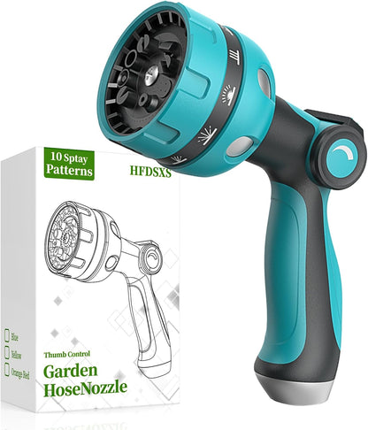 Garden Hose Nozzle, Heavy Duty Water Hose High Pressure Sprayer with 10 Watering Patterns, Thumb Control On Off Valve, for Watering outdoor Plants & Lawn, Car & Pet Washing-(Orange Red)