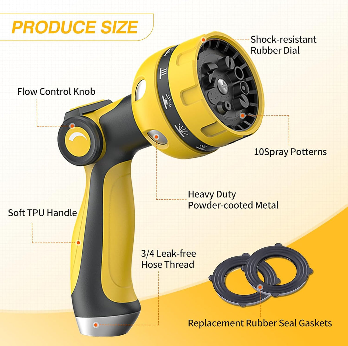 Garden Hose Nozzle, Heavy Duty Water Hose High Pressure Sprayer with 10 Watering Patterns, Thumb Control On Off Valve, for Watering outdoor Plants & Lawn, Car & Pet Washing-(Orange Red)