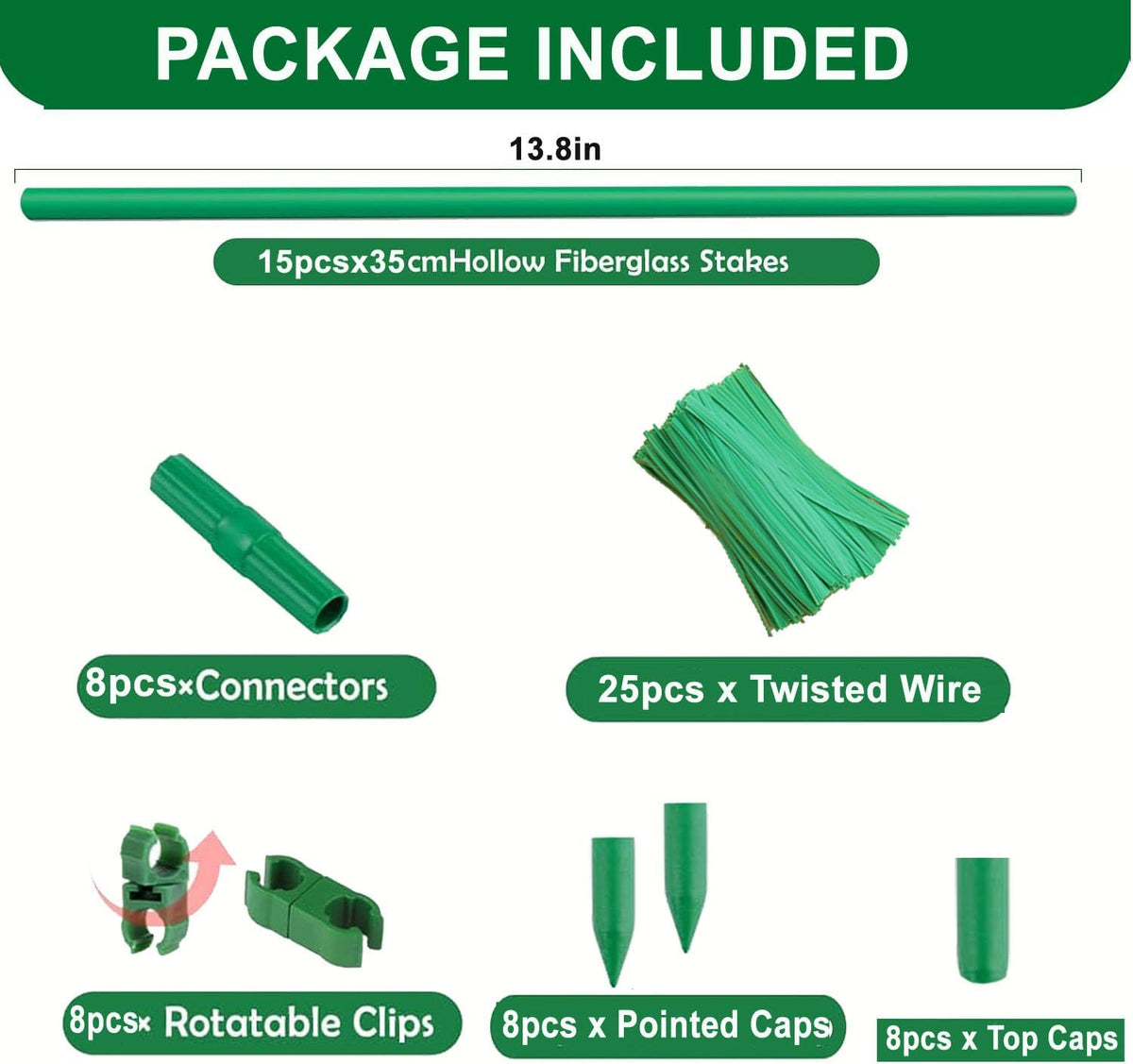 Garden Stakes Kit:13.7 Inch 48 Pack, Plant Sticks Supports & Accessories for DIY 4ft, 5ft, 6ft, 7ft Stakes for Tomato, Vegetables, Indoor & Outdoor Gardening Supplies (15SET)