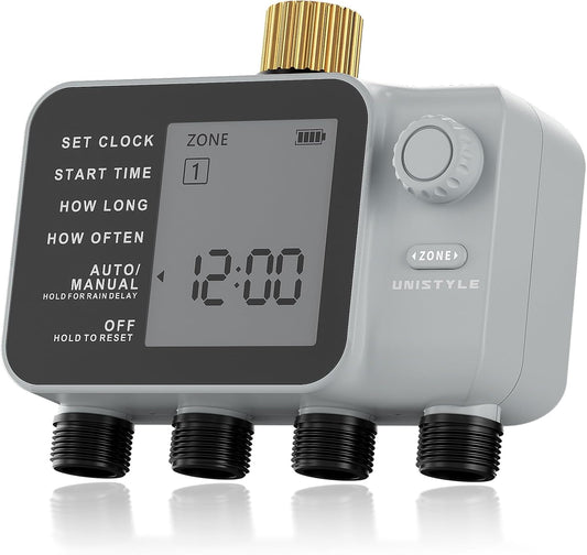 [All-New 2027] 4 Zone Sprinkler Timer with Brass Inlet, 4 Outlet Programmable Water Timer for Garden Hose with Rain Delay, Manual Watering Automatic Irrigation Hose Timers for Yard Lawn Patio