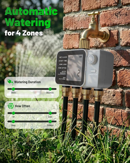 [All-New 2027] 4 Zone Sprinkler Timer with Brass Inlet, 4 Outlet Programmable Water Timer for Garden Hose with Rain Delay, Manual Watering Automatic Irrigation Hose Timers for Yard Lawn Patio