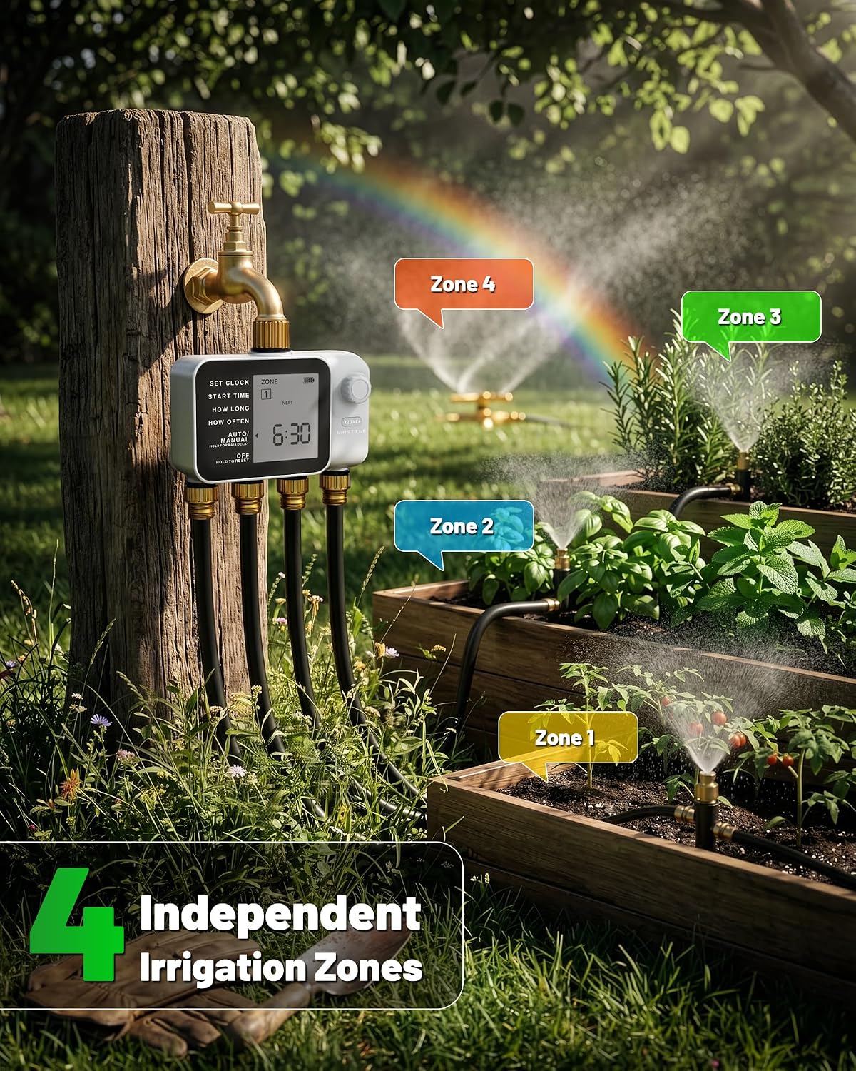 [All-New 2027] 4 Zone Sprinkler Timer with Brass Inlet, 4 Outlet Programmable Water Timer for Garden Hose with Rain Delay, Manual Watering Automatic Irrigation Hose Timers for Yard Lawn Patio