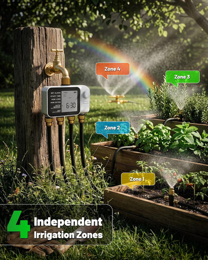[All-New 2027] 4 Zone Sprinkler Timer with Brass Inlet, 4 Outlet Programmable Water Timer for Garden Hose with Rain Delay, Manual Watering Automatic Irrigation Hose Timers for Yard Lawn Patio