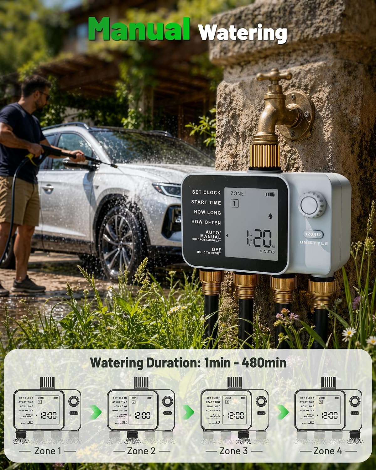 [All-New 2027] 4 Zone Sprinkler Timer with Brass Inlet, 4 Outlet Programmable Water Timer for Garden Hose with Rain Delay, Manual Watering Automatic Irrigation Hose Timers for Yard Lawn Patio