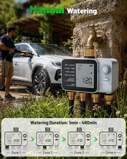 [All-New 2027] 4 Zone Sprinkler Timer with Brass Inlet, 4 Outlet Programmable Water Timer for Garden Hose with Rain Delay, Manual Watering Automatic Irrigation Hose Timers for Yard Lawn Patio