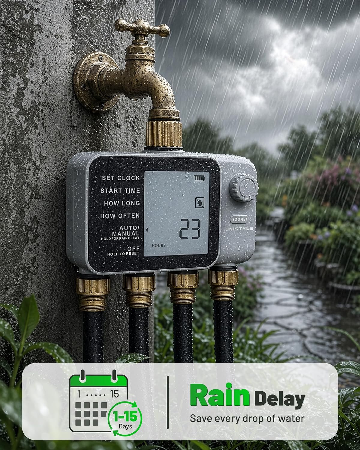 [All-New 2027] 4 Zone Sprinkler Timer with Brass Inlet, 4 Outlet Programmable Water Timer for Garden Hose with Rain Delay, Manual Watering Automatic Irrigation Hose Timers for Yard Lawn Patio