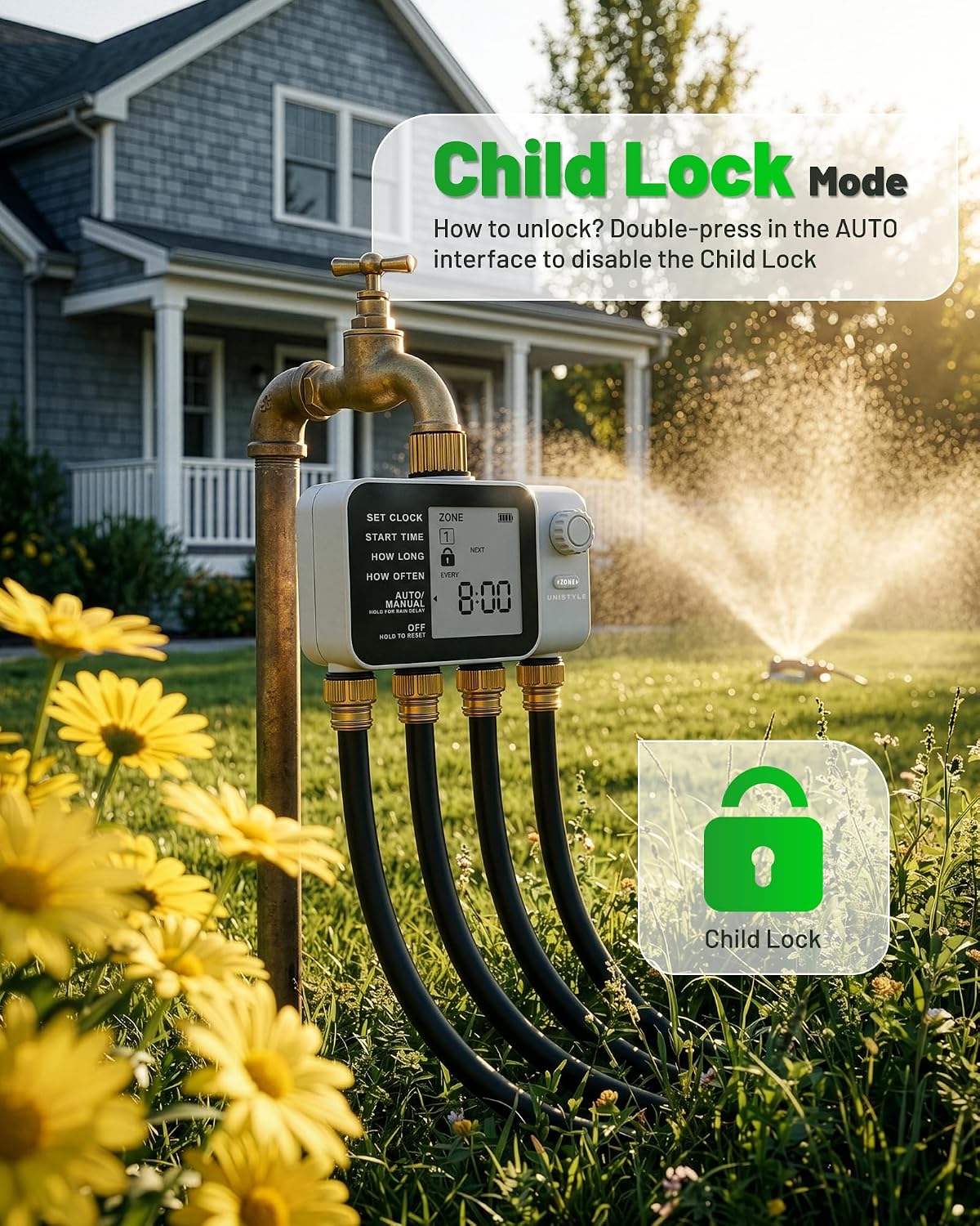 [All-New 2027] 4 Zone Sprinkler Timer with Brass Inlet, 4 Outlet Programmable Water Timer for Garden Hose with Rain Delay, Manual Watering Automatic Irrigation Hose Timers for Yard Lawn Patio