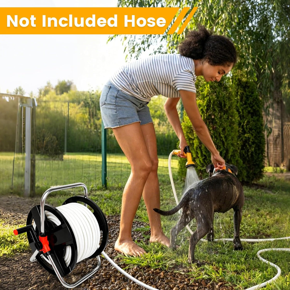 Garden Hose Reel, Heavy Duty Aluminum Hand Cranked Water Hose Reel Cart with 114ft Capacity ABS Frame, Portable Hose Holder for Yard Lawn Patio Outdoor