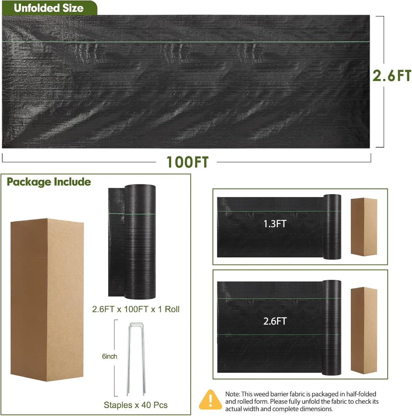 2.6FT x 100FT Weed Barrier Fabric, 3oz Landscape Fabric Heavy Duty