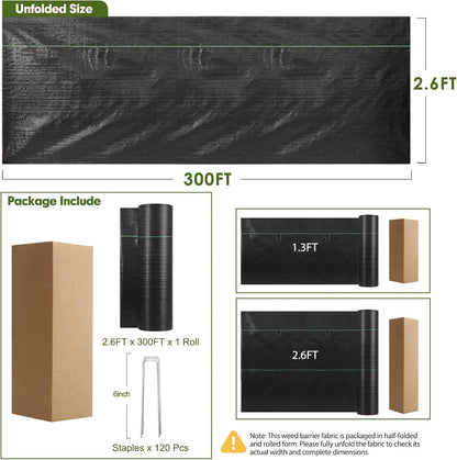 2.6FT x 100FT Weed Barrier Fabric, 3oz Landscape Fabric Heavy Duty