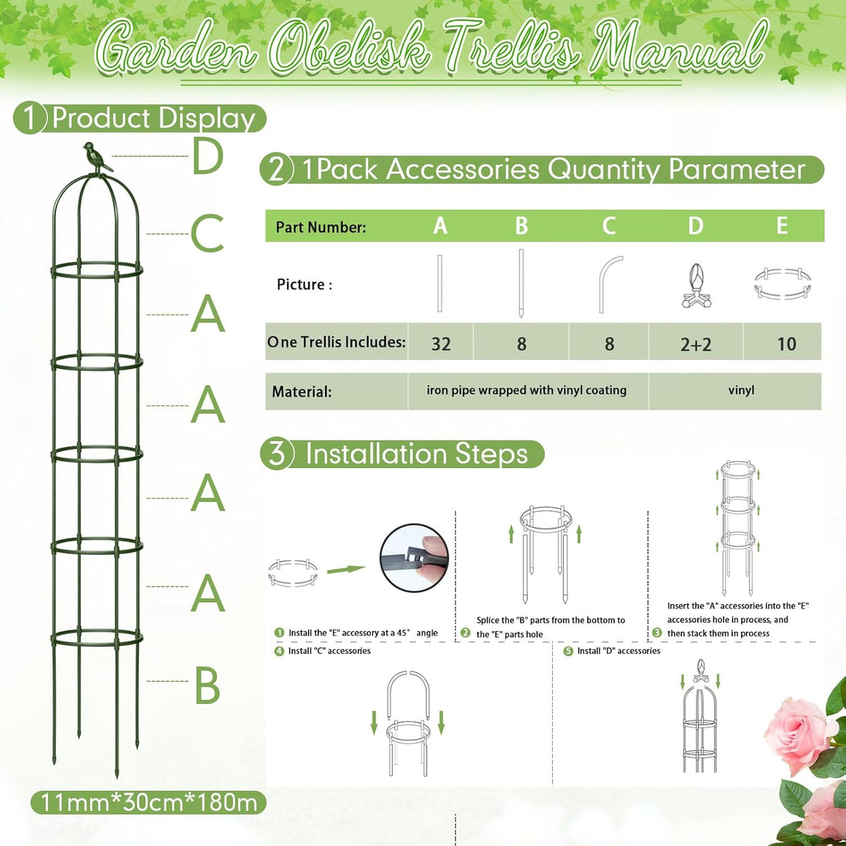 2 Pack 7 ft Garden Trellis Obelisk for Rose Trellis Climbing Plants Outdoor Rustproof for Pots Tall Tower Plant Support Metal Garden Vines Flower Plants Support Outdoor Indoor (Green)