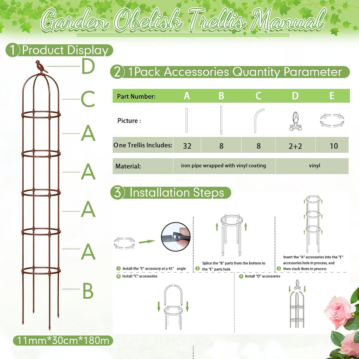 2 Pack 7 ft Garden Trellis Obelisk for Rose Trellis Climbing Plants Outdoor Rustproof for Pots Tall Tower Plant Support Metal Garden Vines Flower Plants Support Outdoor Indoor (Green)