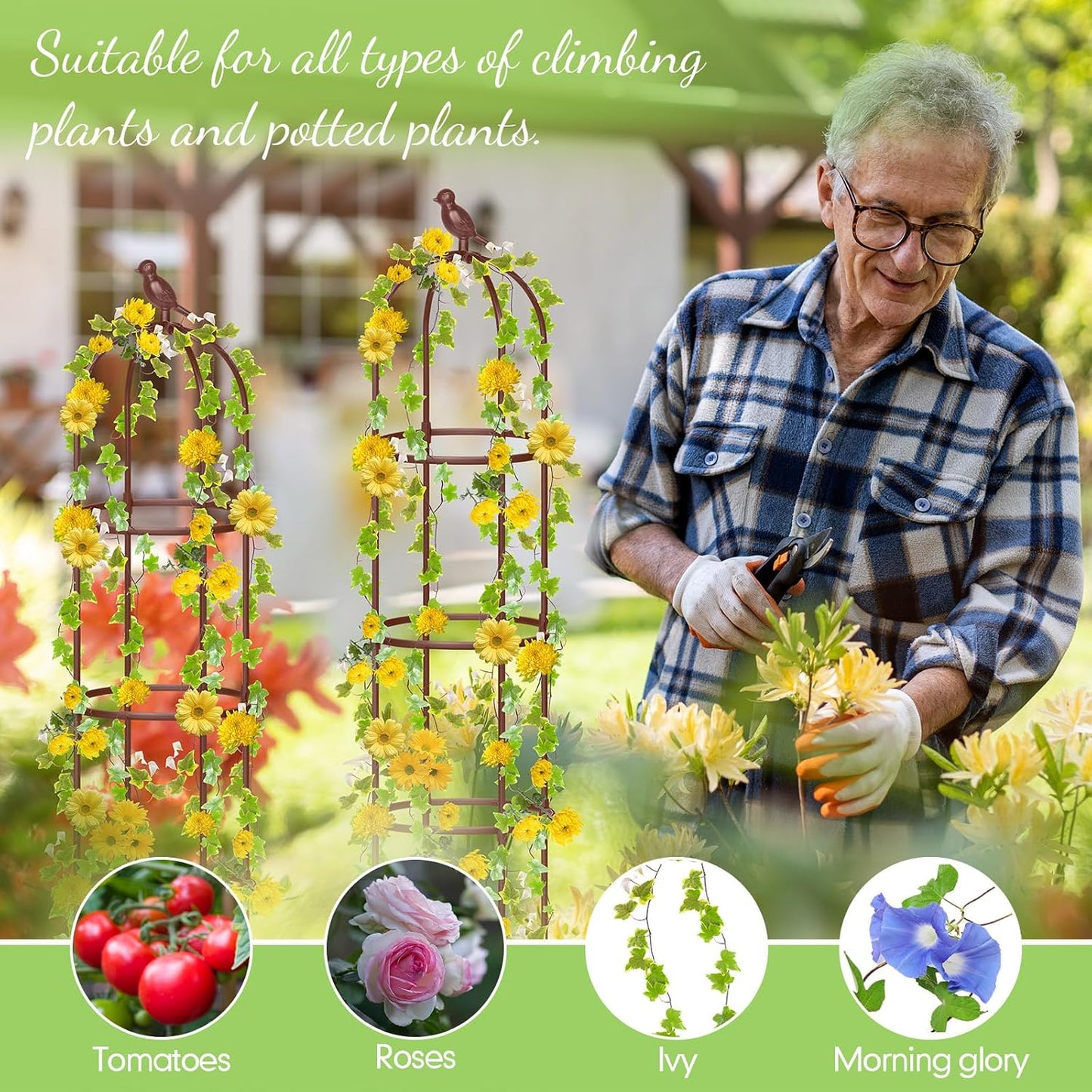 2 Pack 7 ft Garden Trellis Obelisk for Rose Trellis Climbing Plants Outdoor Rustproof for Pots Tall Tower Plant Support Metal Garden Vines Flower Plants Support Outdoor Indoor (Green)