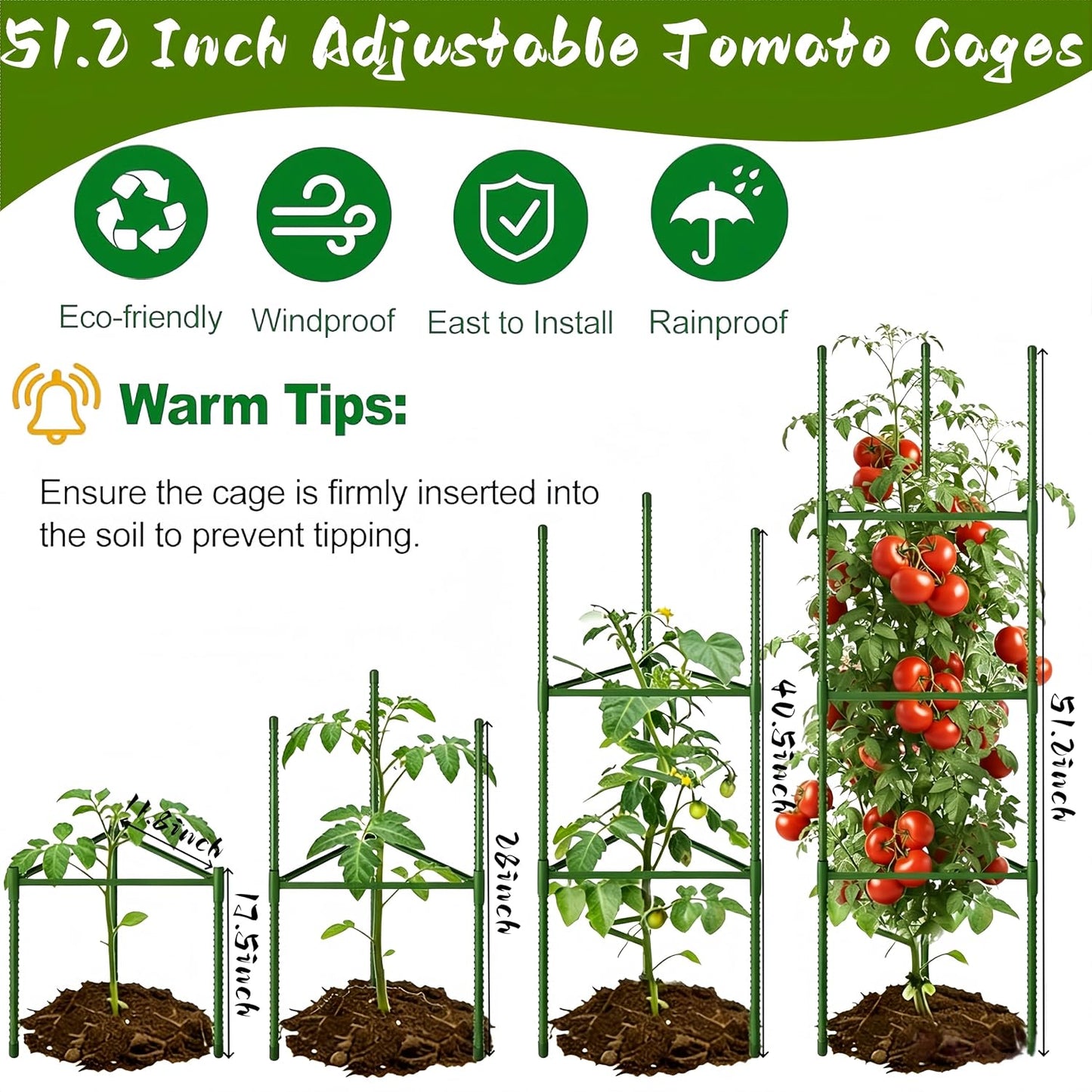 6 Pack Tomato Cages for Garden, 51.2 Inch Tall Adjustable Tower Tomato Trellis for Raised Garden Bed, Heavy Duty Metal Tomato Plants Support Stakes for Outdoor Pots Climbing Plants, Vegetables, Flower