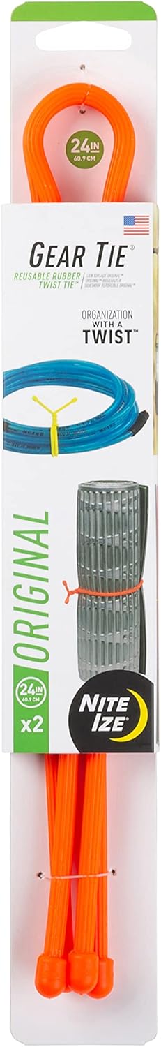 Gear Tie Reusable Rubber Twist Tie 24", 2-Pack, Bright Orange New Packaging