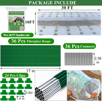Garden Mesh Netting Kit,10 x 30FT Ultra Fine Netting with 6 Sets Fiberglass Garden Hoops for Raised Beds Vegetable Plants Fruits Greenhouse Row Cover Birds Animals Barrier Protection Net