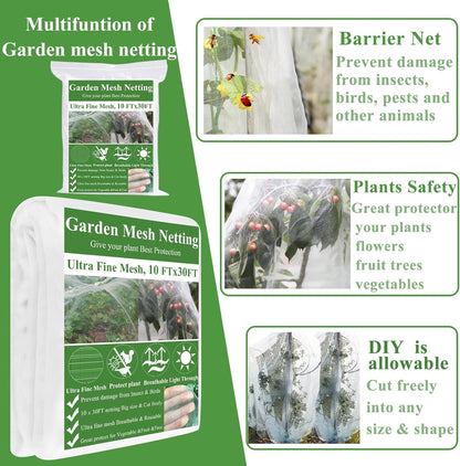 Garden Mesh Netting Kit,10 x 30FT Ultra Fine Netting with 6 Sets Fiberglass Garden Hoops for Raised Beds Vegetable Plants Fruits Greenhouse Row Cover Birds Animals Barrier Protection Net