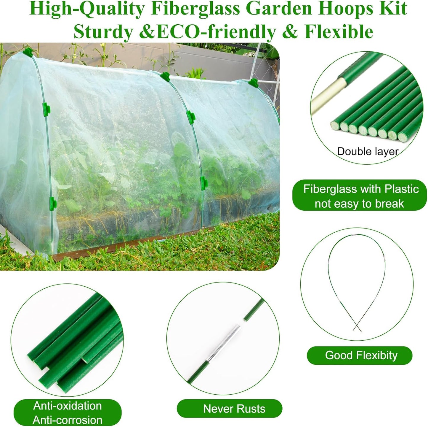 Garden Mesh Netting Kit,10 x 30FT Ultra Fine Netting with 6 Sets Fiberglass Garden Hoops for Raised Beds Vegetable Plants Fruits Greenhouse Row Cover Birds Animals Barrier Protection Net