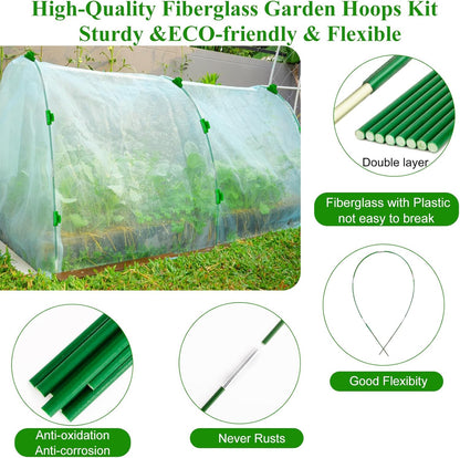 Garden Mesh Netting Kit,10 x 30FT Ultra Fine Netting with 6 Sets Fiberglass Garden Hoops for Raised Beds Vegetable Plants Fruits Greenhouse Row Cover Birds Animals Barrier Protection Net