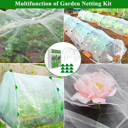 Garden Mesh Netting Kit,10 x 30FT Ultra Fine Netting with 6 Sets Fiberglass Garden Hoops for Raised Beds Vegetable Plants Fruits Greenhouse Row Cover Birds Animals Barrier Protection Net