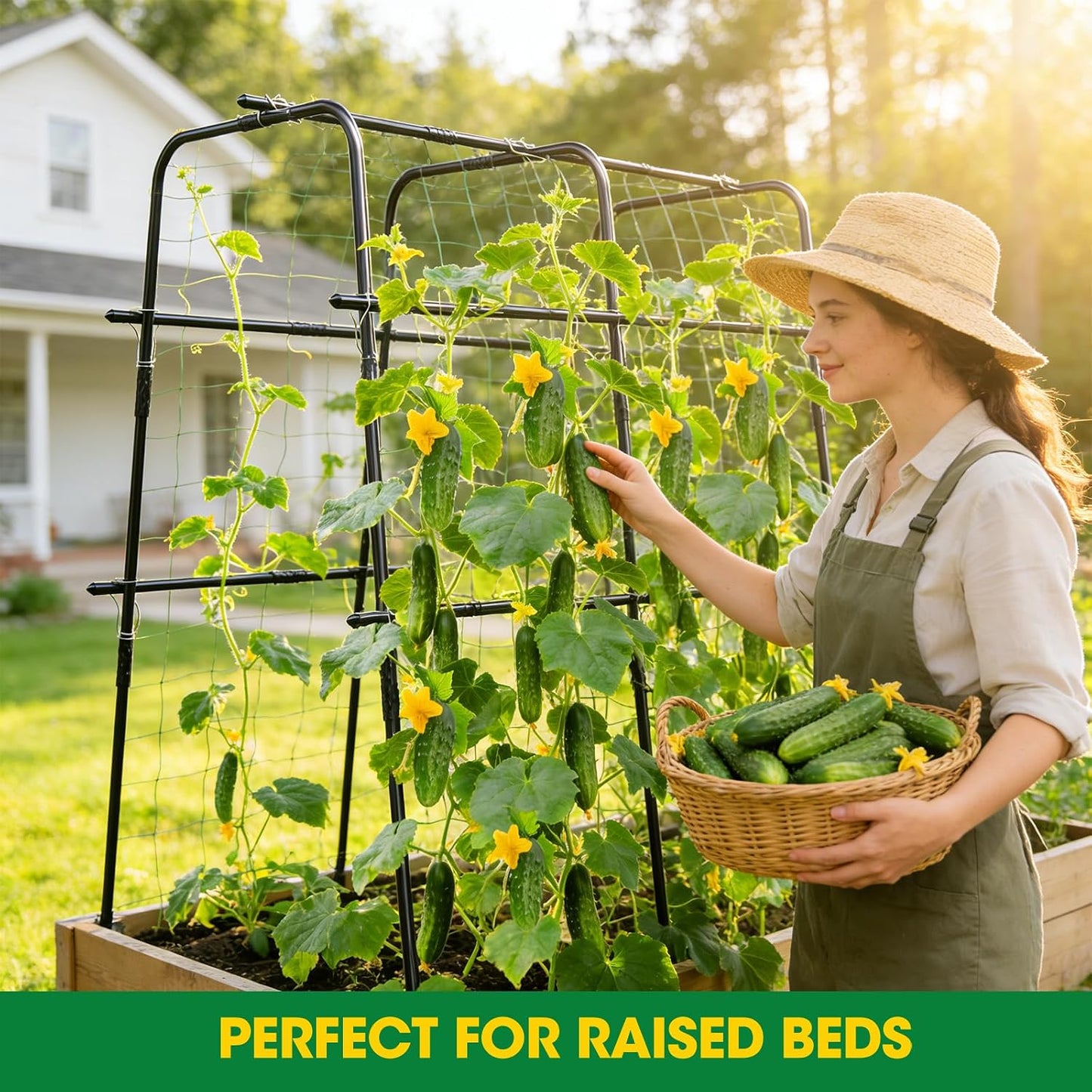 Cucumber Trellis for Raised Bed and Garden, 47" H x 47" W U-Shaped Metal Garden Trellis for Climbing Plants with Nylon Netting, Vegetable Support Frame