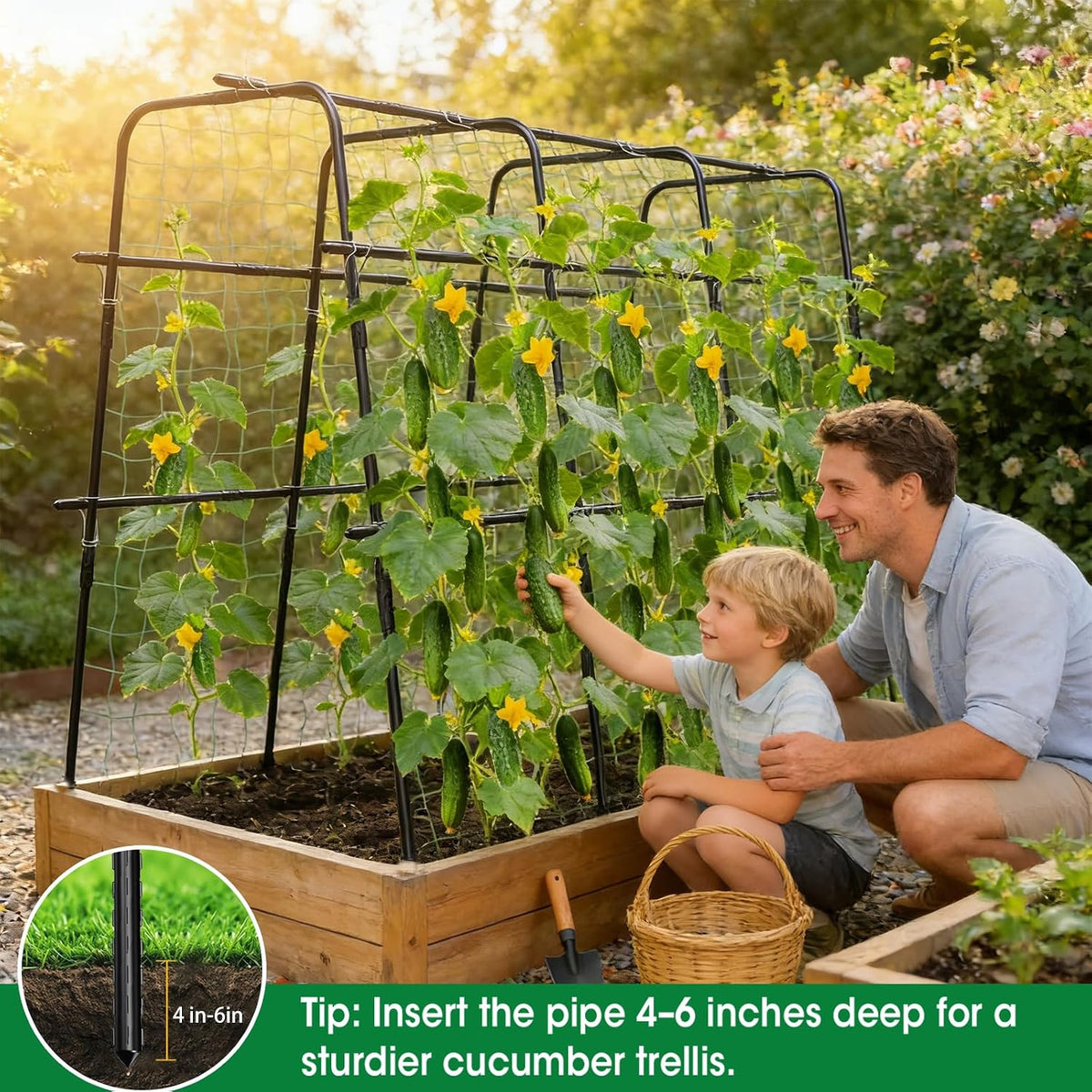 Cucumber Trellis for Raised Bed and Garden, 47" H x 47" W U-Shaped Metal Garden Trellis for Climbing Plants with Nylon Netting, Vegetable Support Frame