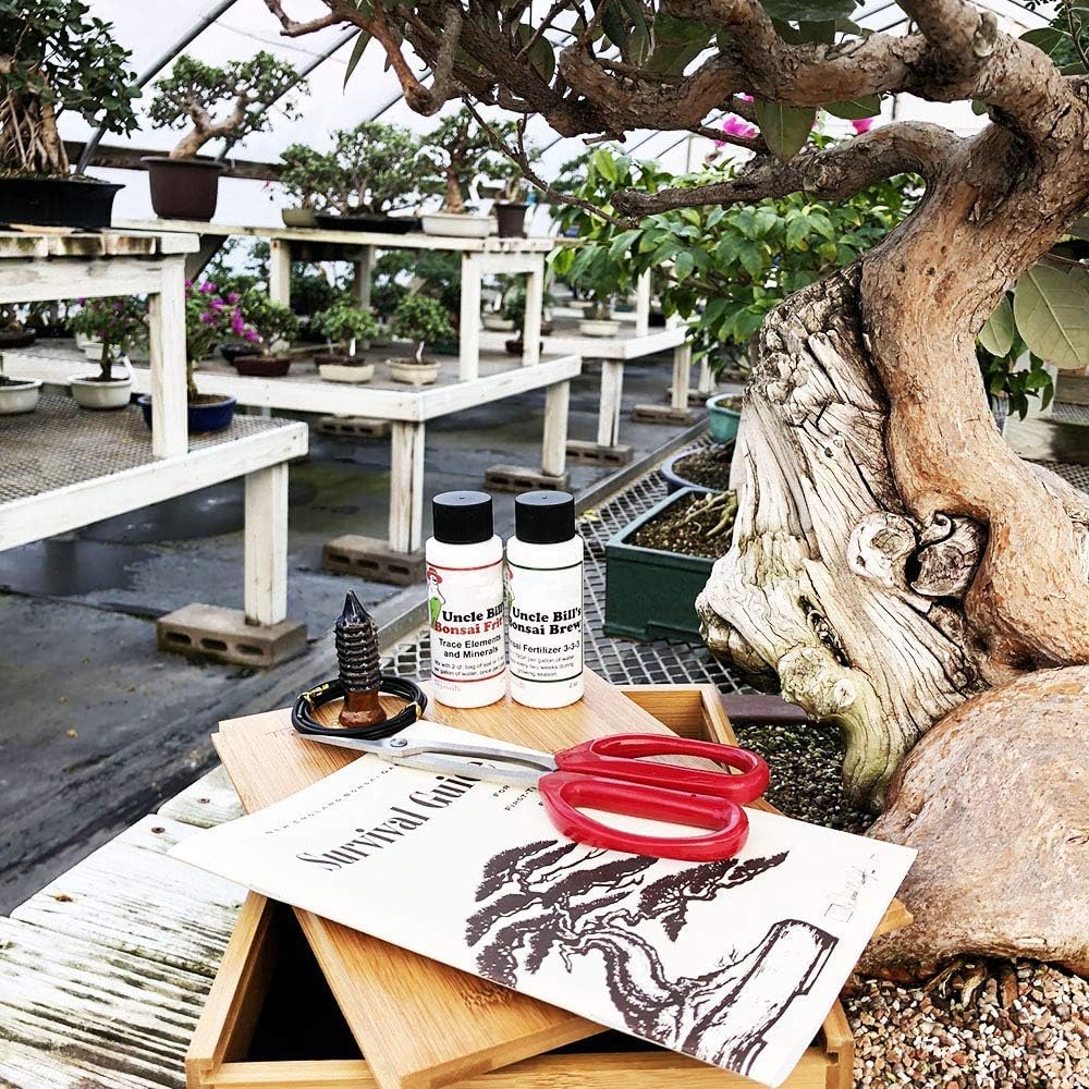 Starter Bonsai Tool Kit - Survival Guide + Set Includes: Butterfly Pruning Shears, Bottle Uncle Bill's Fertilizer, 2 Ounce Frit, Aluminum Wire, Genuine Chinese Mud Figurine - Bamboo Case