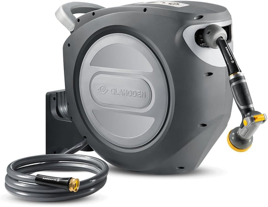 GLAHODEN Retractable Garden Hose Reel 5/8 in x 100 ft Metal Bracket, 2026 Upgraded Dual Ratchet Lock UV & Freeze Protection Brass Seal Slow Retraction Anti-Tangle Hose 180°Swivel