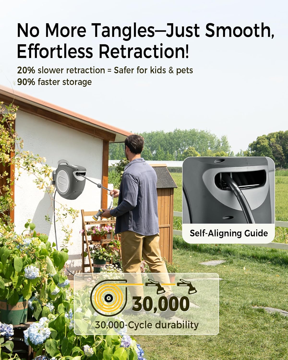 GLAHODEN Retractable Garden Hose Reel 5/8 in x 100 ft Metal Bracket, 2026 Upgraded Dual Ratchet Lock UV & Freeze Protection Brass Seal Slow Retraction Anti-Tangle Hose 180°Swivel