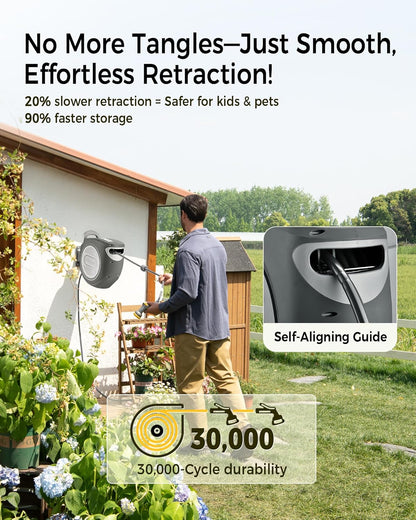 GLAHODEN Retractable Garden Hose Reel 5/8 in x 100 ft Metal Bracket, 2026 Upgraded Dual Ratchet Lock UV & Freeze Protection Brass Seal Slow Retraction Anti-Tangle Hose 180°Swivel