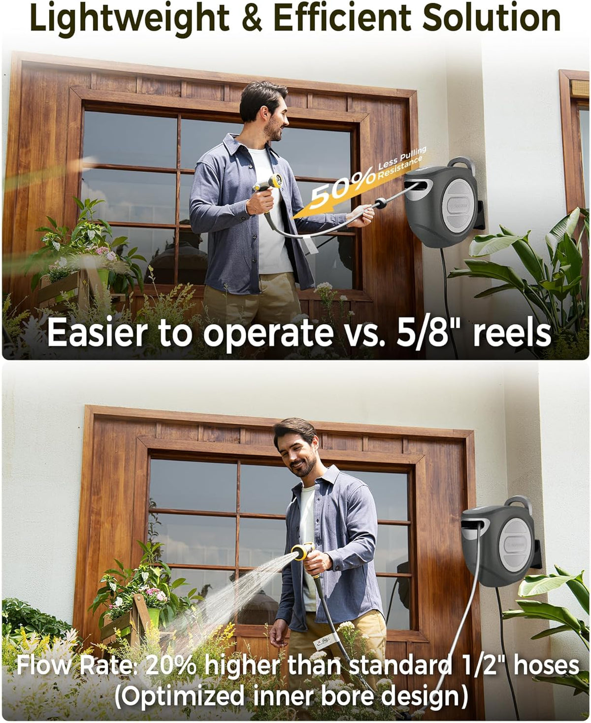GLAHODEN Retractable Garden Hose Reel 5/8 in x 100 ft Metal Bracket, 2026 Upgraded Dual Ratchet Lock UV & Freeze Protection Brass Seal Slow Retraction Anti-Tangle Hose 180°Swivel