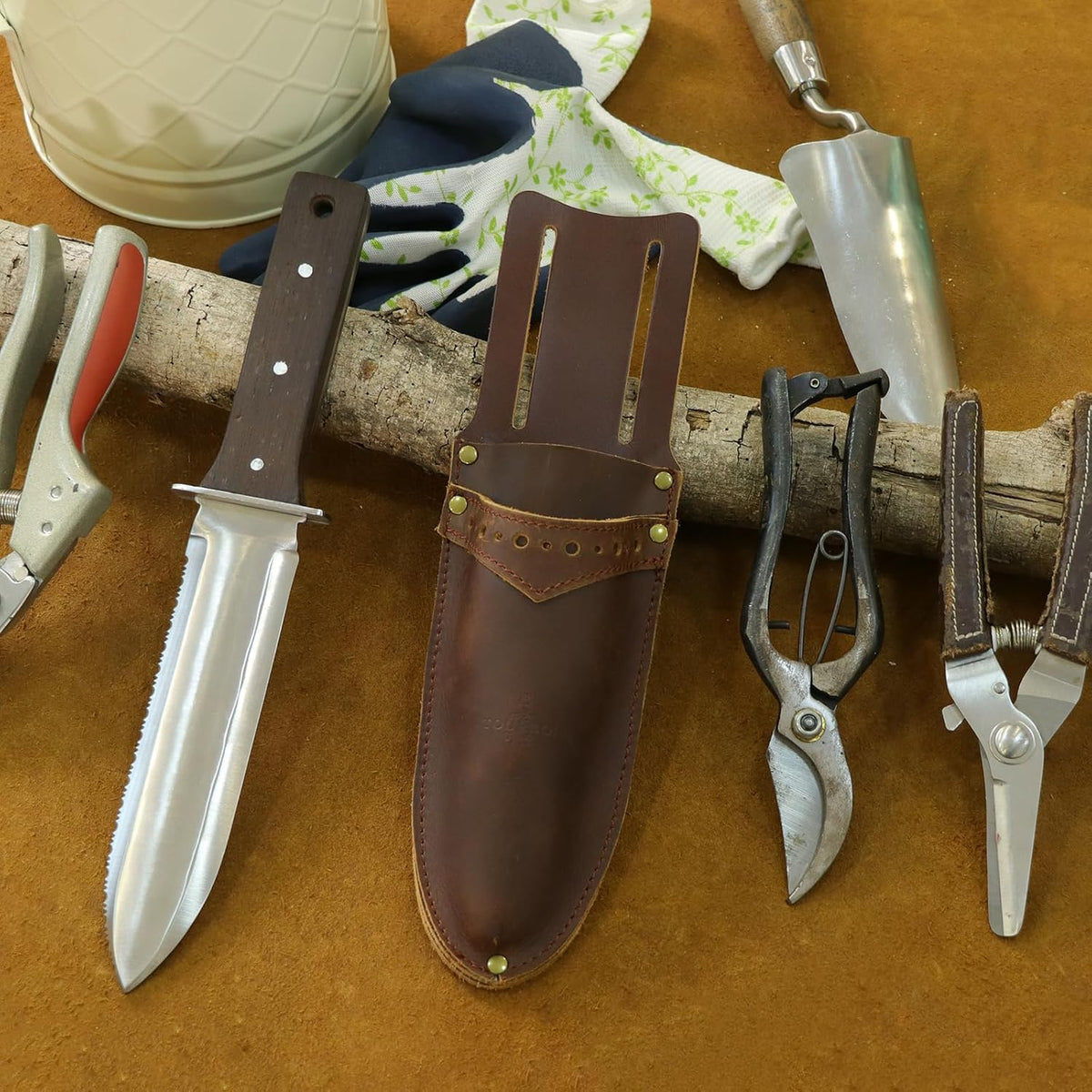 Leather Garden Pruning Shears Folding Saw Double Holster Knife Sheath Pouch