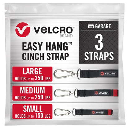 Easy Hang Cinch Straps for Garage Organization, 3 Sizes S-M-L 1 Each, Holds up to 350 pounds, Black, VEL-30804-USA