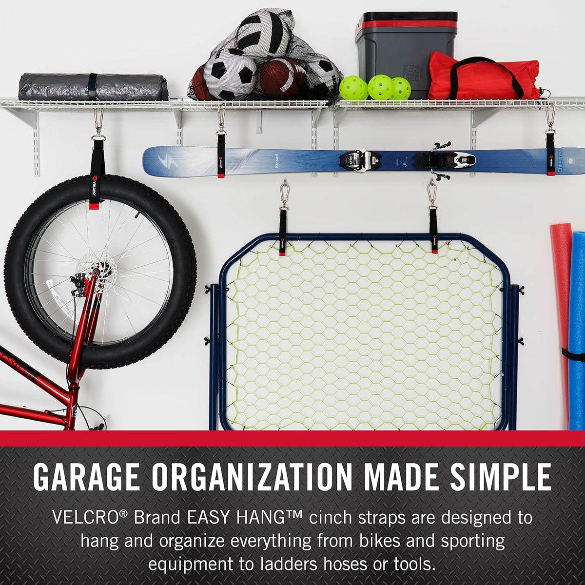 Easy Hang Cinch Straps for Garage Organization, 3 Sizes S-M-L 1 Each, Holds up to 350 pounds, Black, VEL-30804-USA