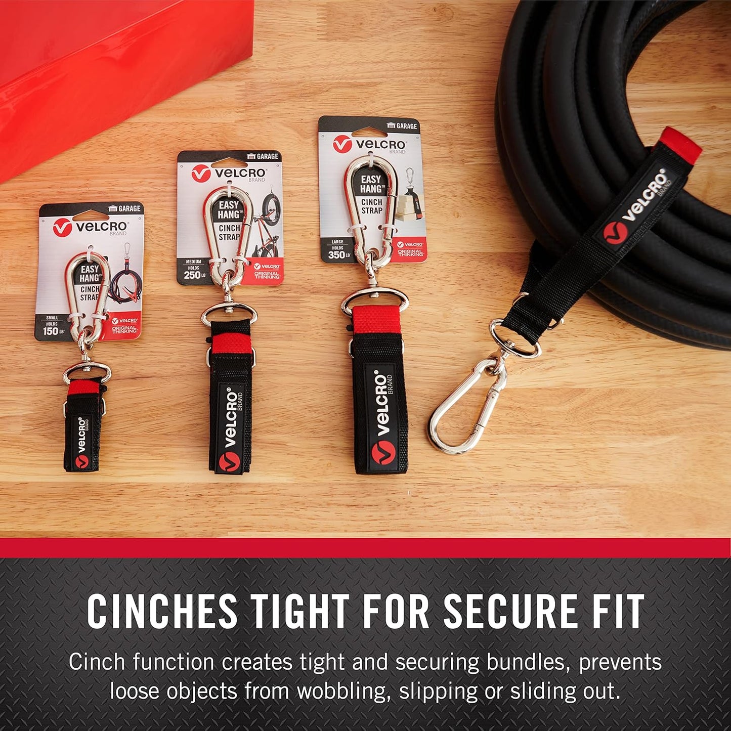 Easy Hang Cinch Straps for Garage Organization, 3 Sizes S-M-L 1 Each, Holds up to 350 pounds, Black, VEL-30804-USA