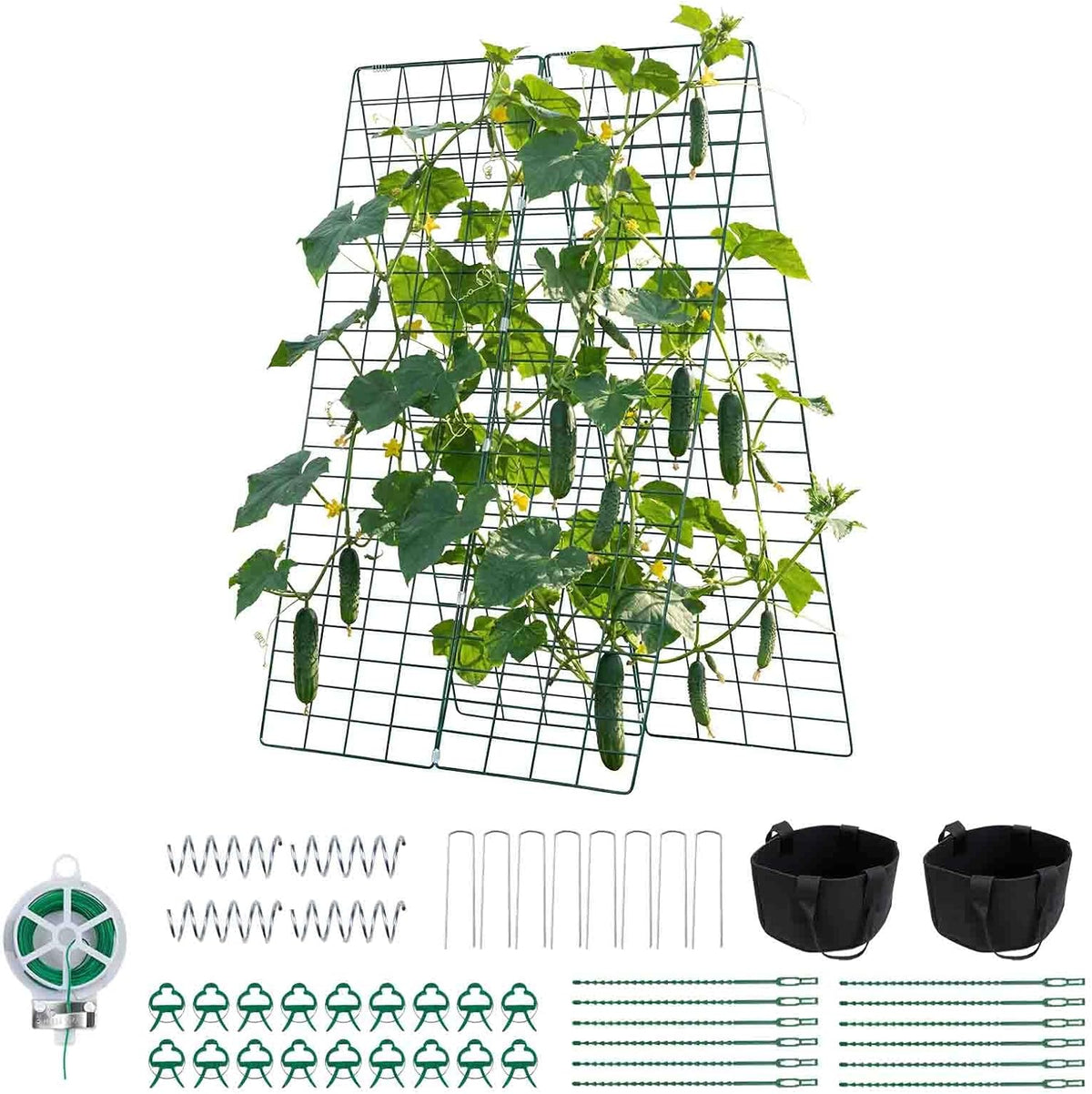 Cucumber Trellis, 46" x 34" Foldable A-Frame Garden Trellises for Raised Bed, 4 Panels, Metal Rustproof Outdoor Climbing Plant Support with 2 Plant Bags for Vine, Peas, Beans, Tomato, Flowers