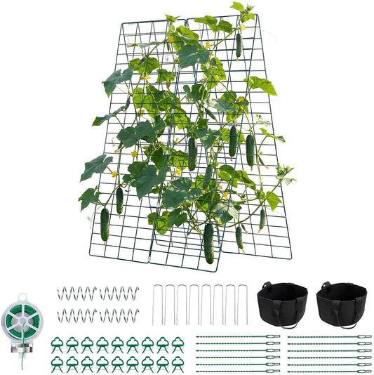 Cucumber Trellis, 46" x 34" Foldable A-Frame Garden Trellises for Raised Bed, 4 Panels, Metal Rustproof Outdoor Climbing Plant Support with 2 Plant Bags for Vine, Peas, Beans, Tomato, Flowers