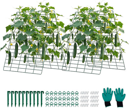Cucumber Trellis, 46" x 34" Foldable A-Frame Garden Trellises for Raised Bed, 4 Panels, Metal Rustproof Outdoor Climbing Plant Support with 2 Plant Bags for Vine, Peas, Beans, Tomato, Flowers