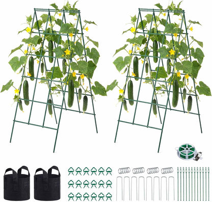 Cucumber Trellis, 46" x 34" Foldable A-Frame Garden Trellises for Raised Bed, 4 Panels, Metal Rustproof Outdoor Climbing Plant Support with 2 Plant Bags for Vine, Peas, Beans, Tomato, Flowers