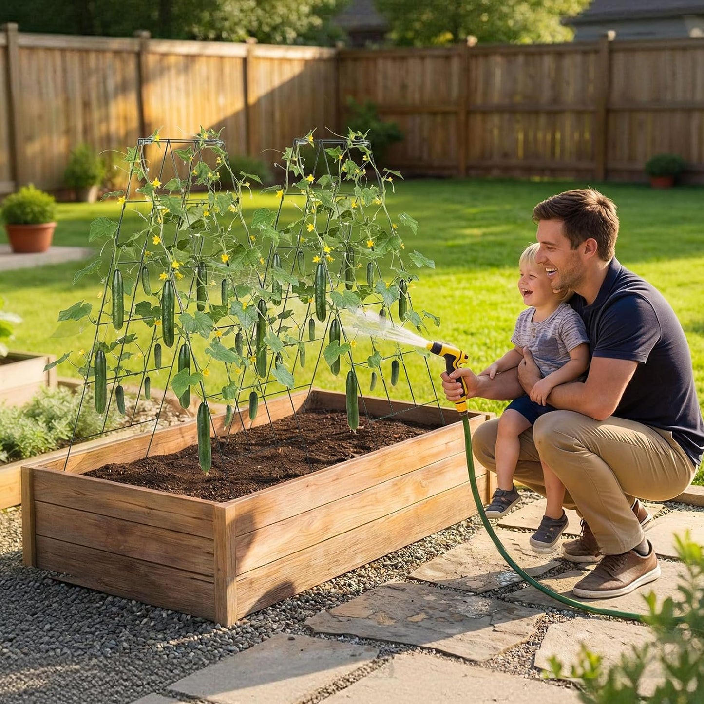 Cucumber Trellis, 46" x 34" Foldable A-Frame Garden Trellises for Raised Bed, 4 Panels, Metal Rustproof Outdoor Climbing Plant Support with 2 Plant Bags for Vine, Peas, Beans, Tomato, Flowers