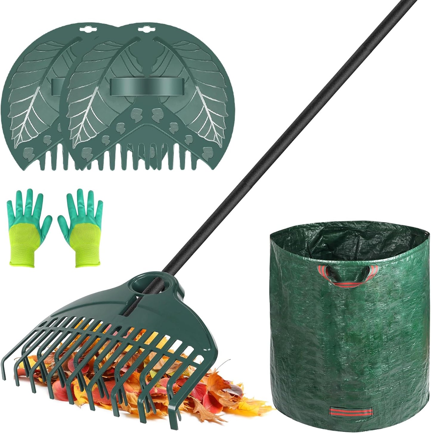17Tines Double Row Garden Rake Set with 9Tines Leaf Hand Rakes, 272L Leaves Bin and Gardening Gloves for Scooping and Picking up Leaves, Clear and Collect Garden Rake Kit