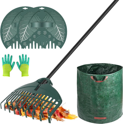17Tines Double Row Garden Rake Set with 9Tines Leaf Hand Rakes, 272L Leaves Bin and Gardening Gloves for Scooping and Picking up Leaves, Clear and Collect Garden Rake Kit