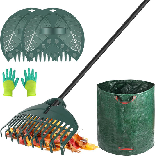 17Tines Double Row Garden Rake Set with 9Tines Leaf Hand Rakes, 272L Leaves Bin and Gardening Gloves for Scooping and Picking up Leaves, Clear and Collect Garden Rake Kit
