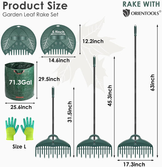 17Tines Double Row Garden Rake Set with 9Tines Leaf Hand Rakes, 272L Leaves Bin and Gardening Gloves for Scooping and Picking up Leaves, Clear and Collect Garden Rake Kit