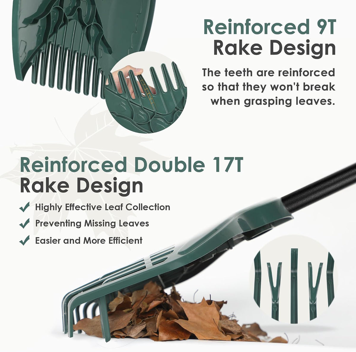 17Tines Double Row Garden Rake Set with 9Tines Leaf Hand Rakes, 272L Leaves Bin and Gardening Gloves for Scooping and Picking up Leaves, Clear and Collect Garden Rake Kit