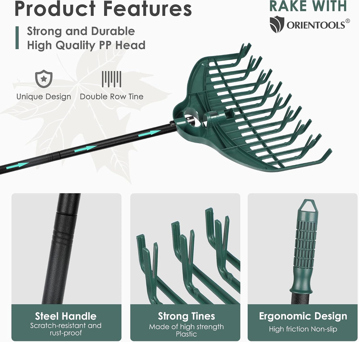 17Tines Double Row Garden Rake Set with 9Tines Leaf Hand Rakes, 272L Leaves Bin and Gardening Gloves for Scooping and Picking up Leaves, Clear and Collect Garden Rake Kit