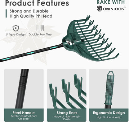17Tines Double Row Garden Rake Set with 9Tines Leaf Hand Rakes, 272L Leaves Bin and Gardening Gloves for Scooping and Picking up Leaves, Clear and Collect Garden Rake Kit