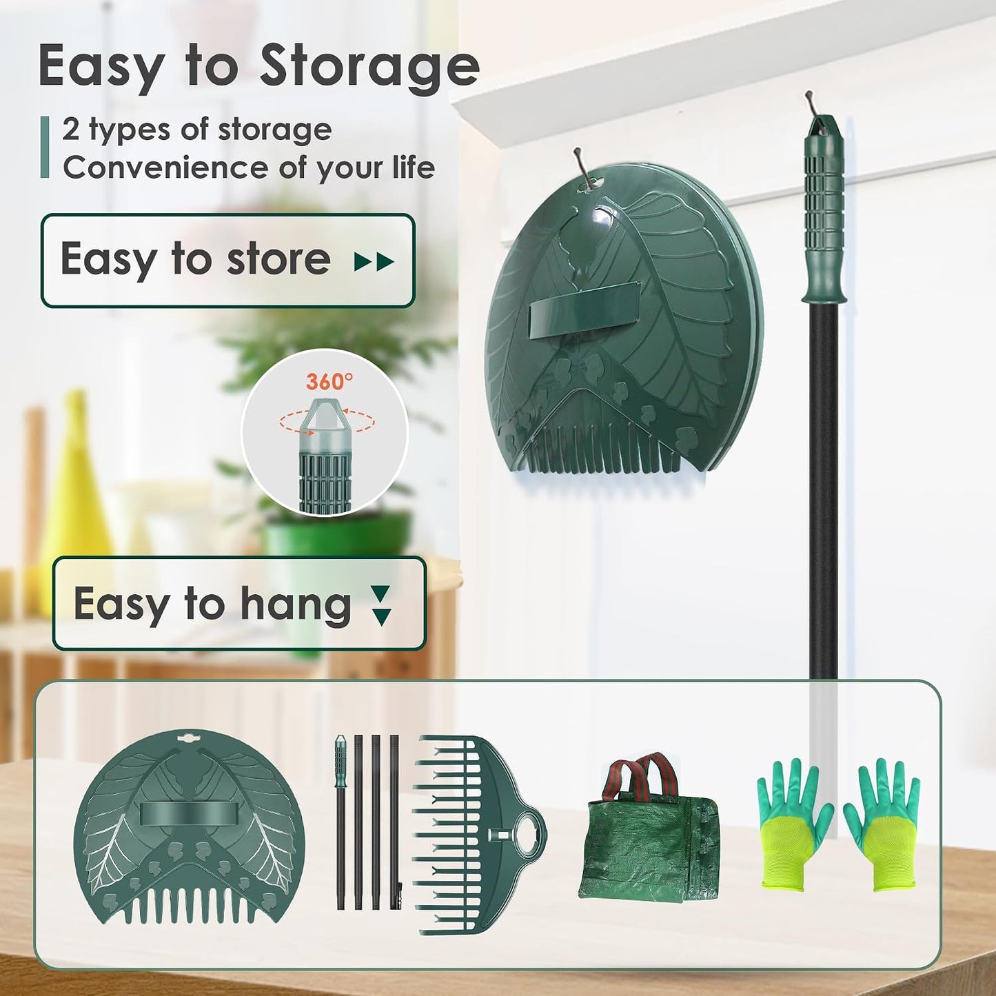 17Tines Double Row Garden Rake Set with 9Tines Leaf Hand Rakes, 272L Leaves Bin and Gardening Gloves for Scooping and Picking up Leaves, Clear and Collect Garden Rake Kit